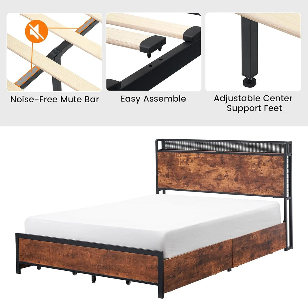 Queen Bed Frame with Storage Drawers and Charging Station Z439