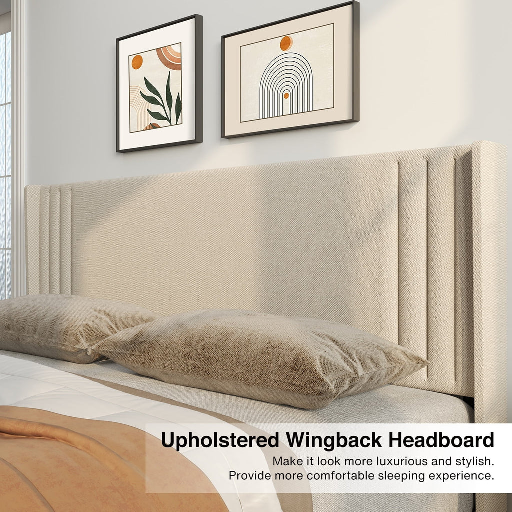 Queen Full Wingback Platform Bed Frame with Under-bed Storage Beige A51980