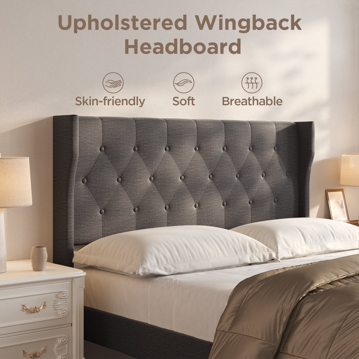 Full Size Dark Gray Bed Frame with Button Tufted Headboard N173