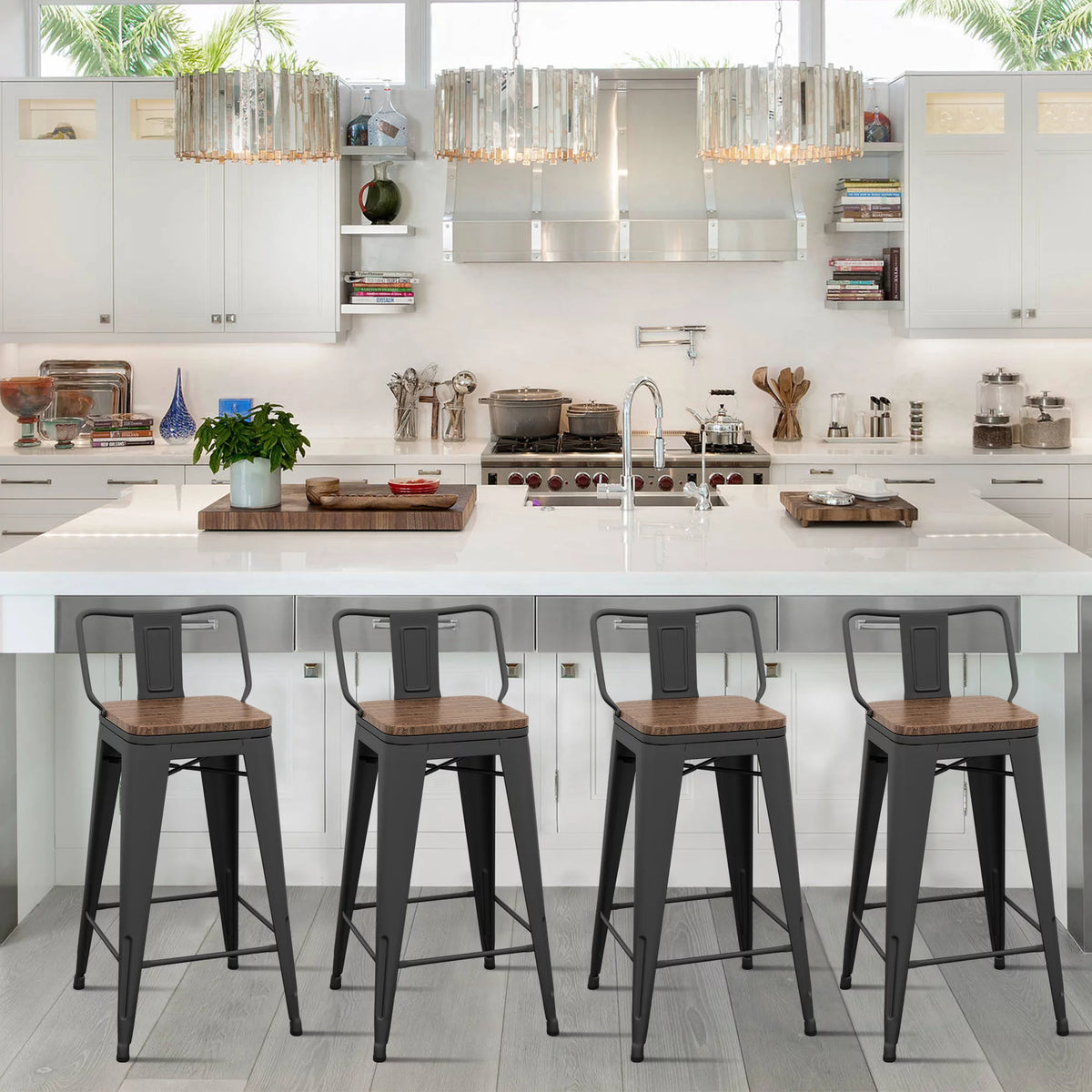 24 Metal Barstools Set of 4 Counter Height with Back D4356