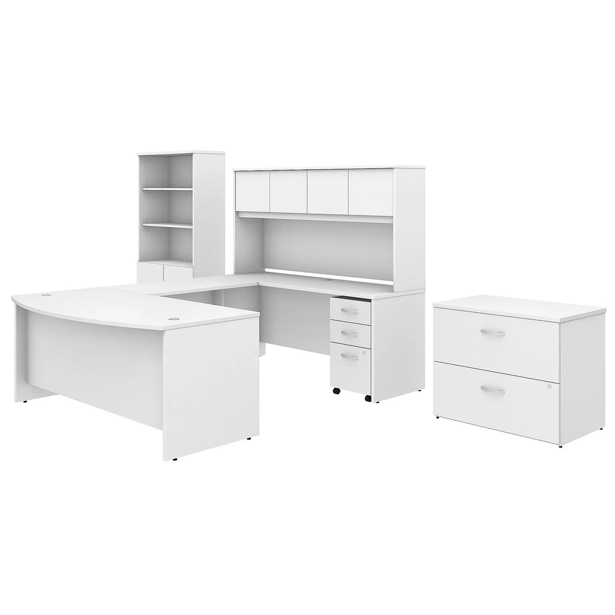 72W X 36D U Shaped Desk With Hutch, Bookcase And File Cabinets In White Q67540