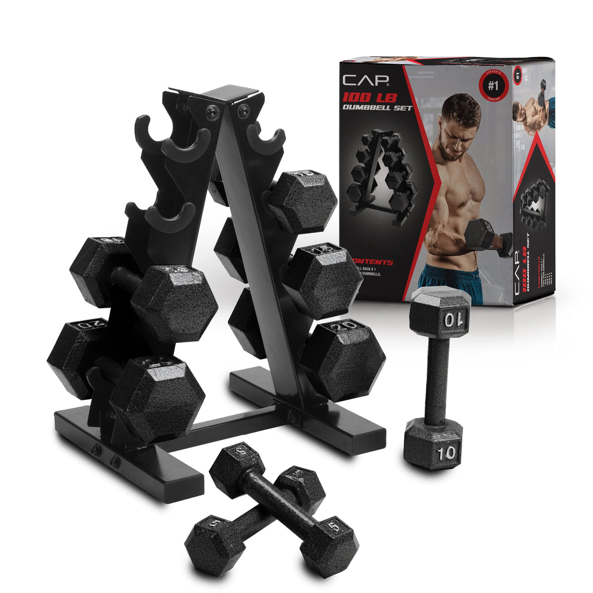 100 lb Cast Iron Hex Dumbbell Weight Set with Rack S922991