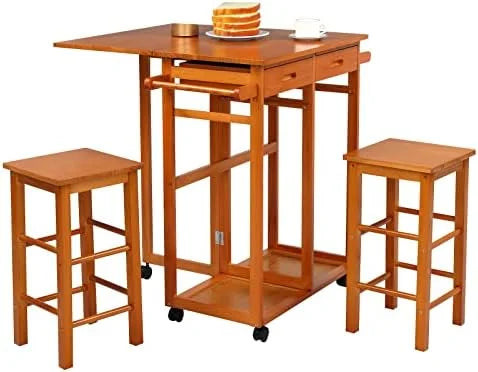 Drop Leaf Solid Wood Table and Stool Set with 2 Drawers V309465