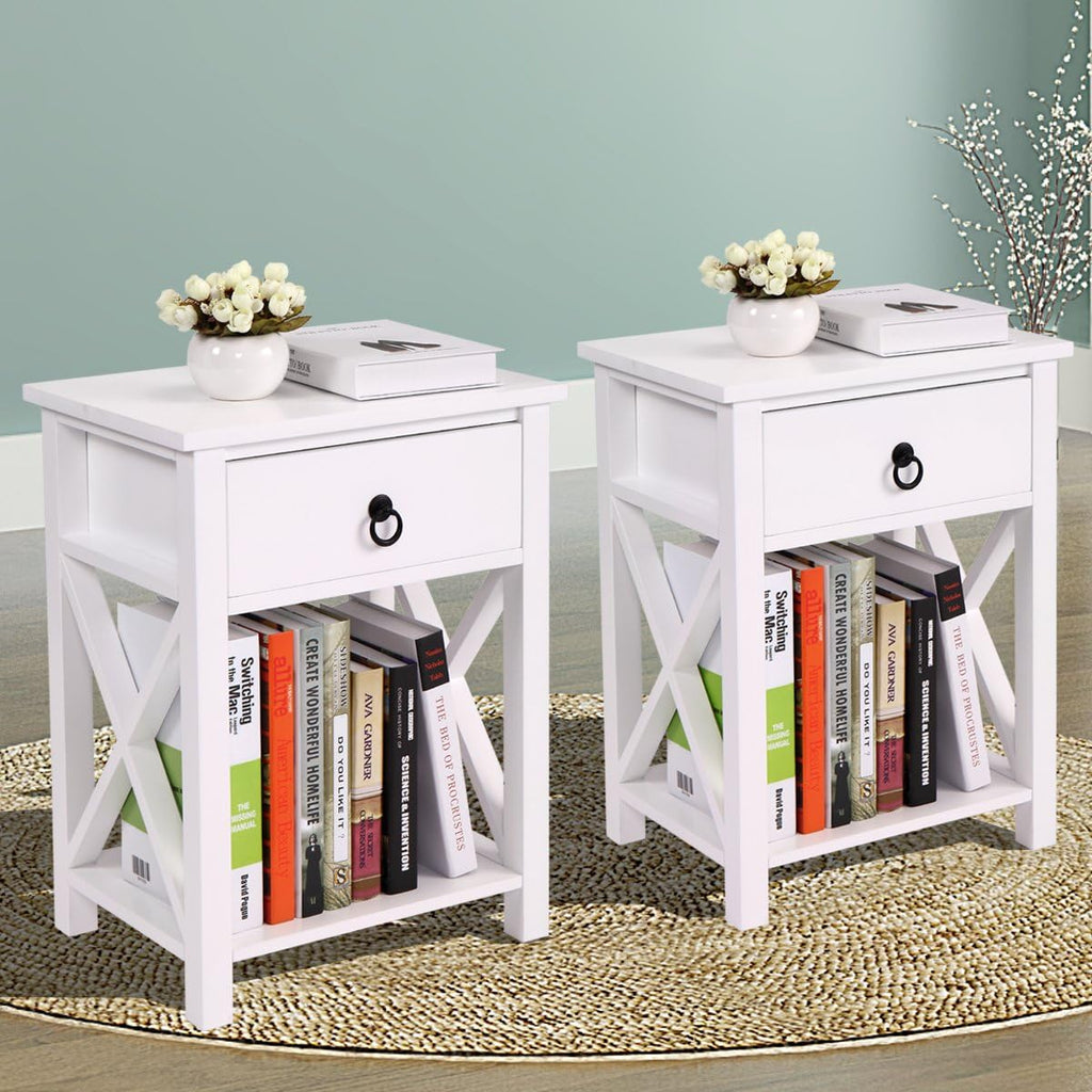 White Set of 2 Wooden Nightstand with Drawer & Shelf Z8267