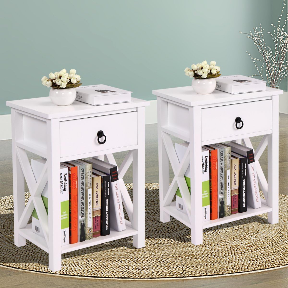 White Set of 2 Wooden Nightstand with Drawer & Shelf Z8267