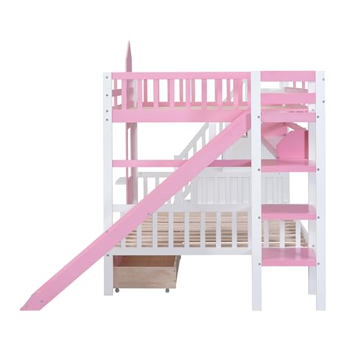 Twin Over Twin Solid Wood Bunk Bed with Slide Storage Staircase Drawers Pink O23700