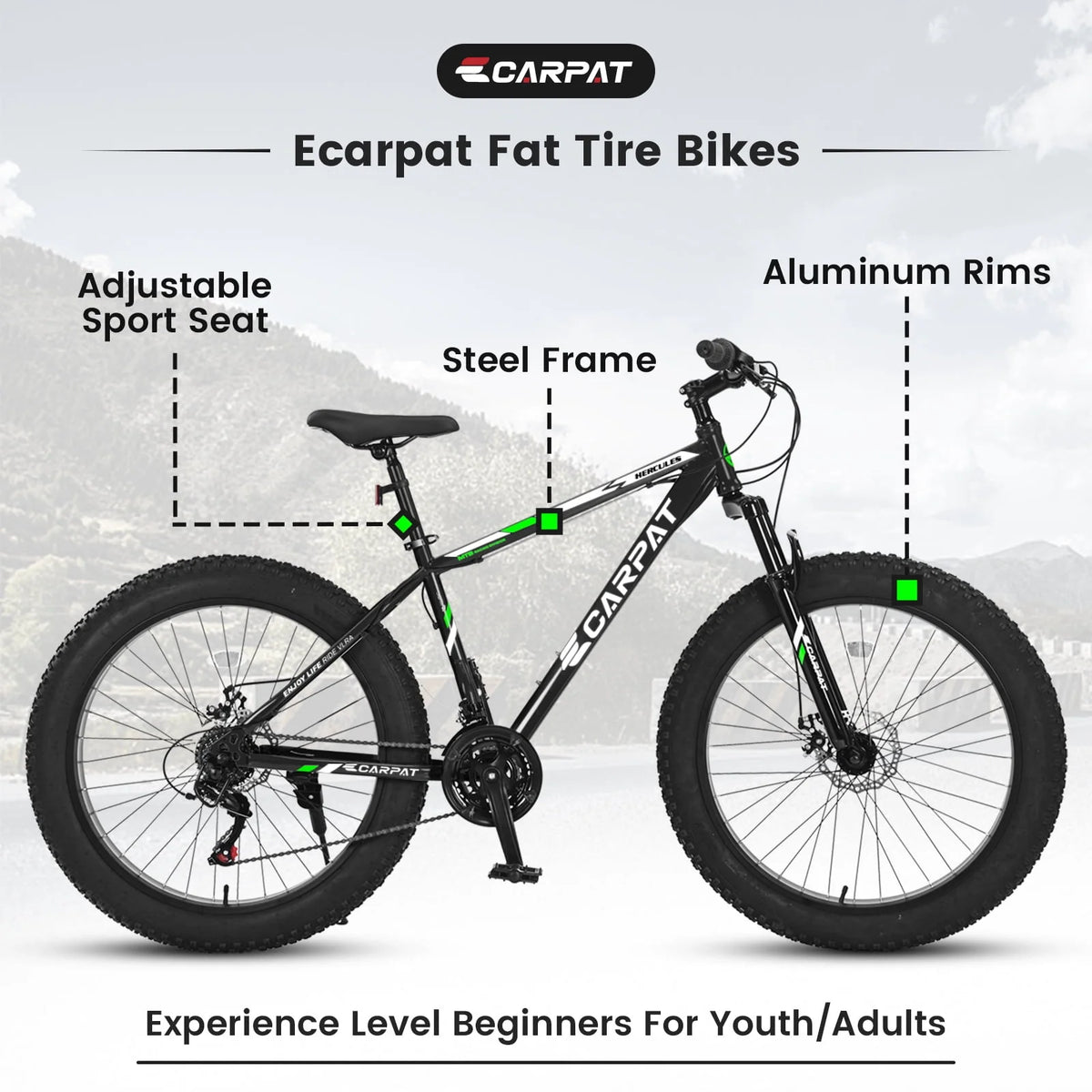 26 inch Fat Tire Mountain Bike with Disc Brakes 21 Speed Black Y797454