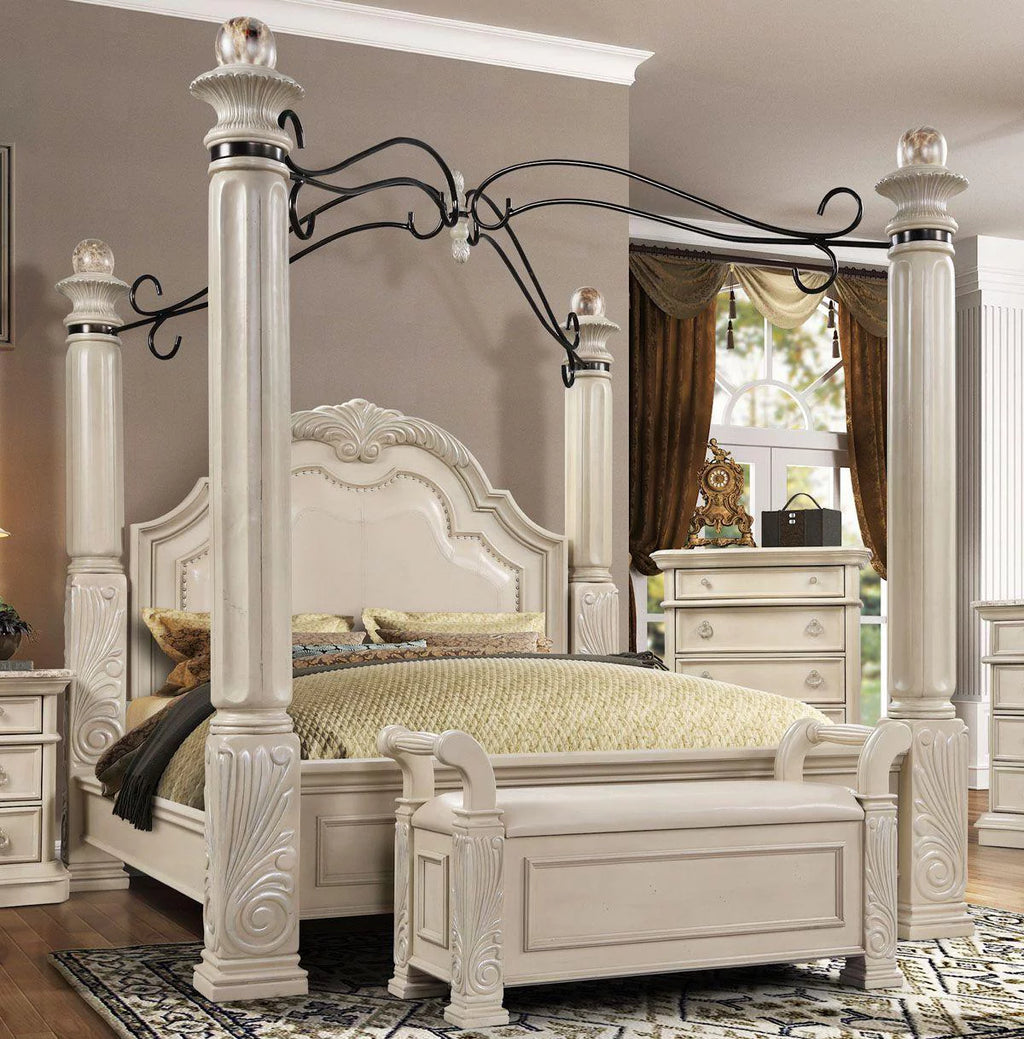 Antique White Solid Hardwood King Canopy Bed K7949