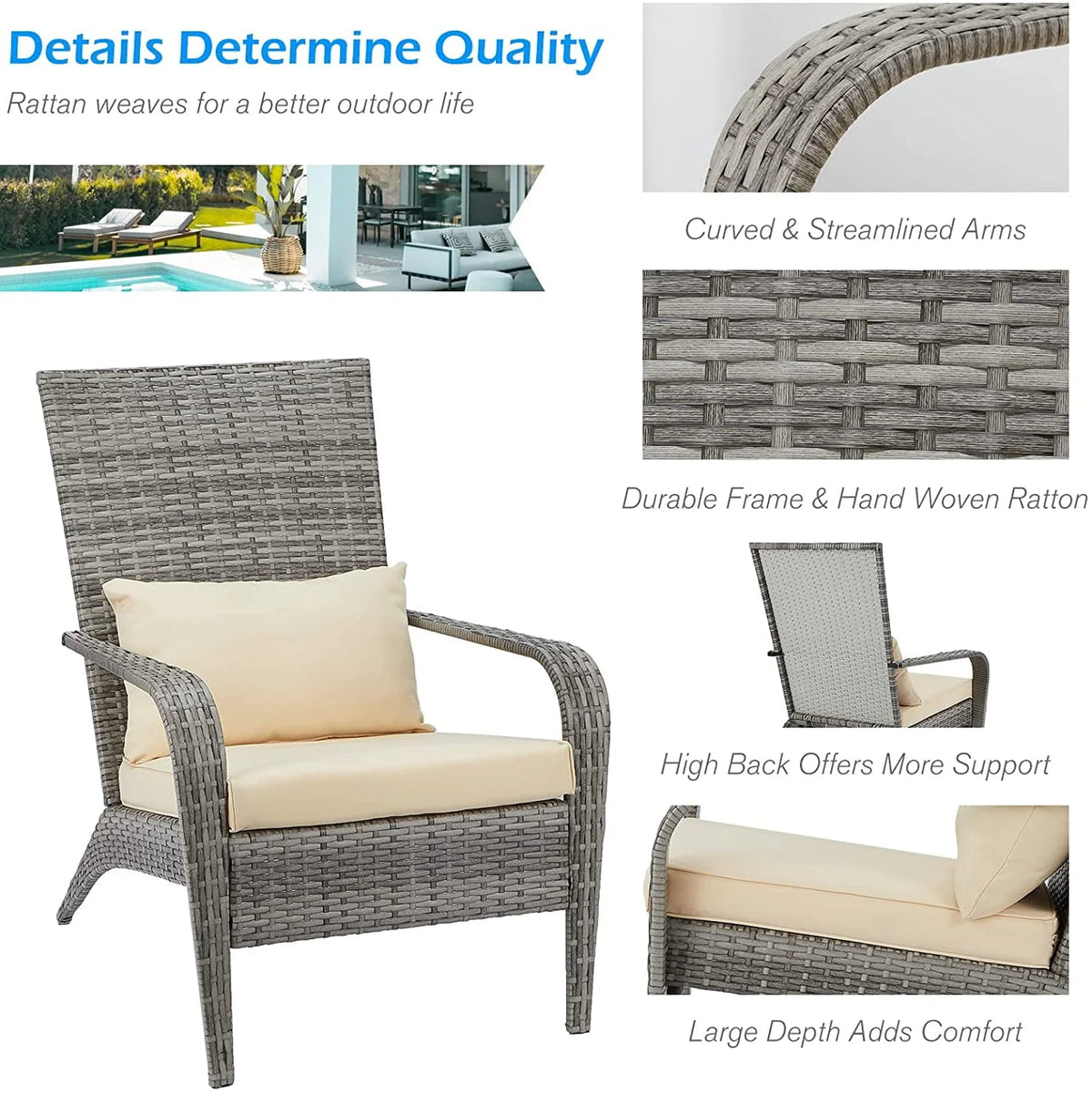High Back Wicker Outdoor Dining Chairs with Cushion and Pillow in Gray Y345