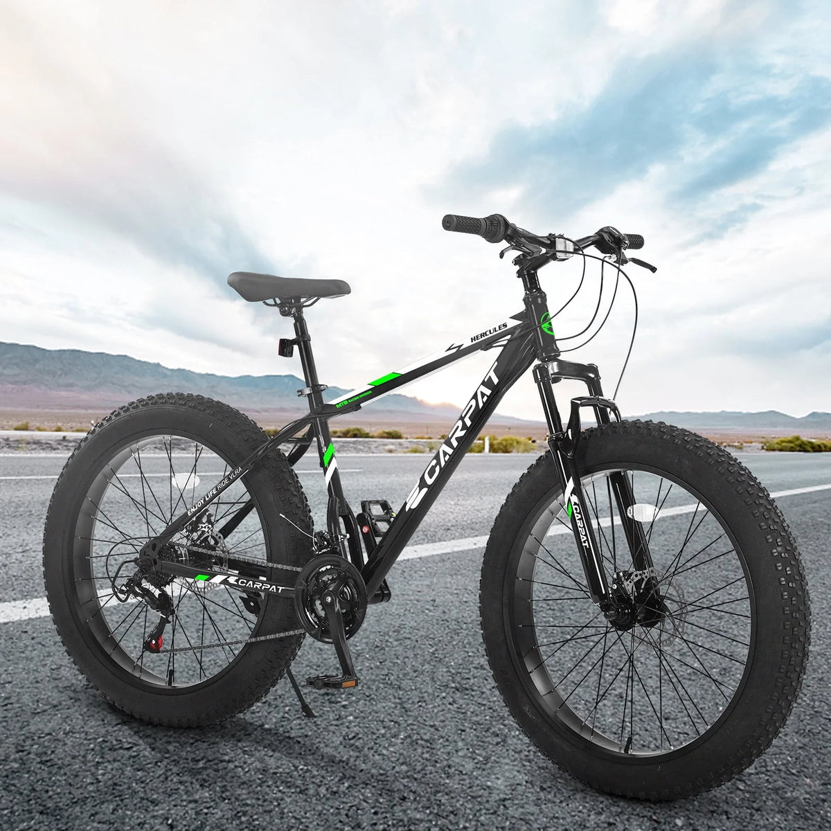 26 inch Fat Tire Mountain Bike with Disc Brakes 21 Speed Black Y797454