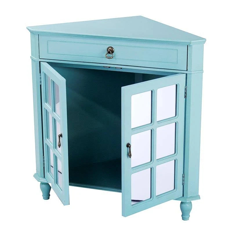 Light Blue Wood Mirrored Glass Corner Cabinet with A Drawer and 2 Doors D481336
