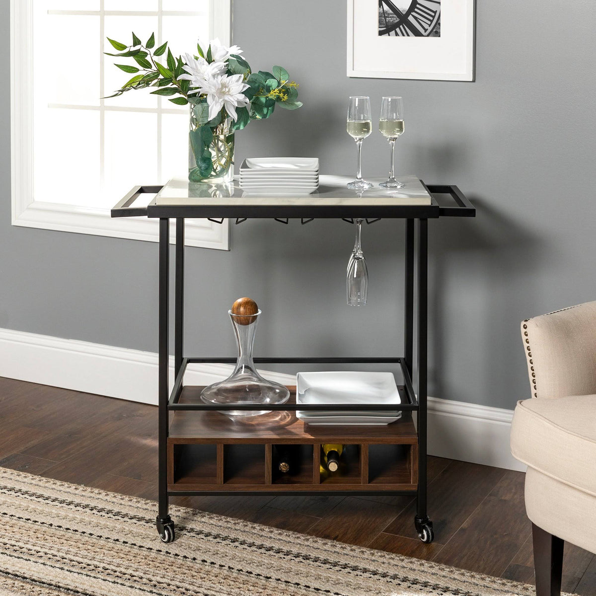 34 inch Black Marble Serving Bar Cart S914