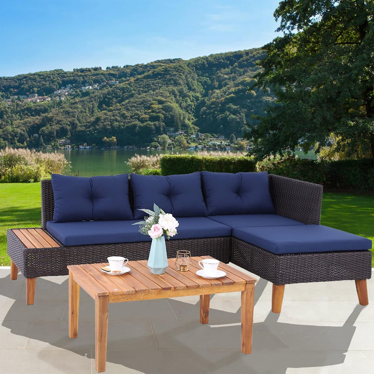 3 Pieces Patio Rattan Wicker and Acacia Wood Sectional Sofa Set Navy Blue P580