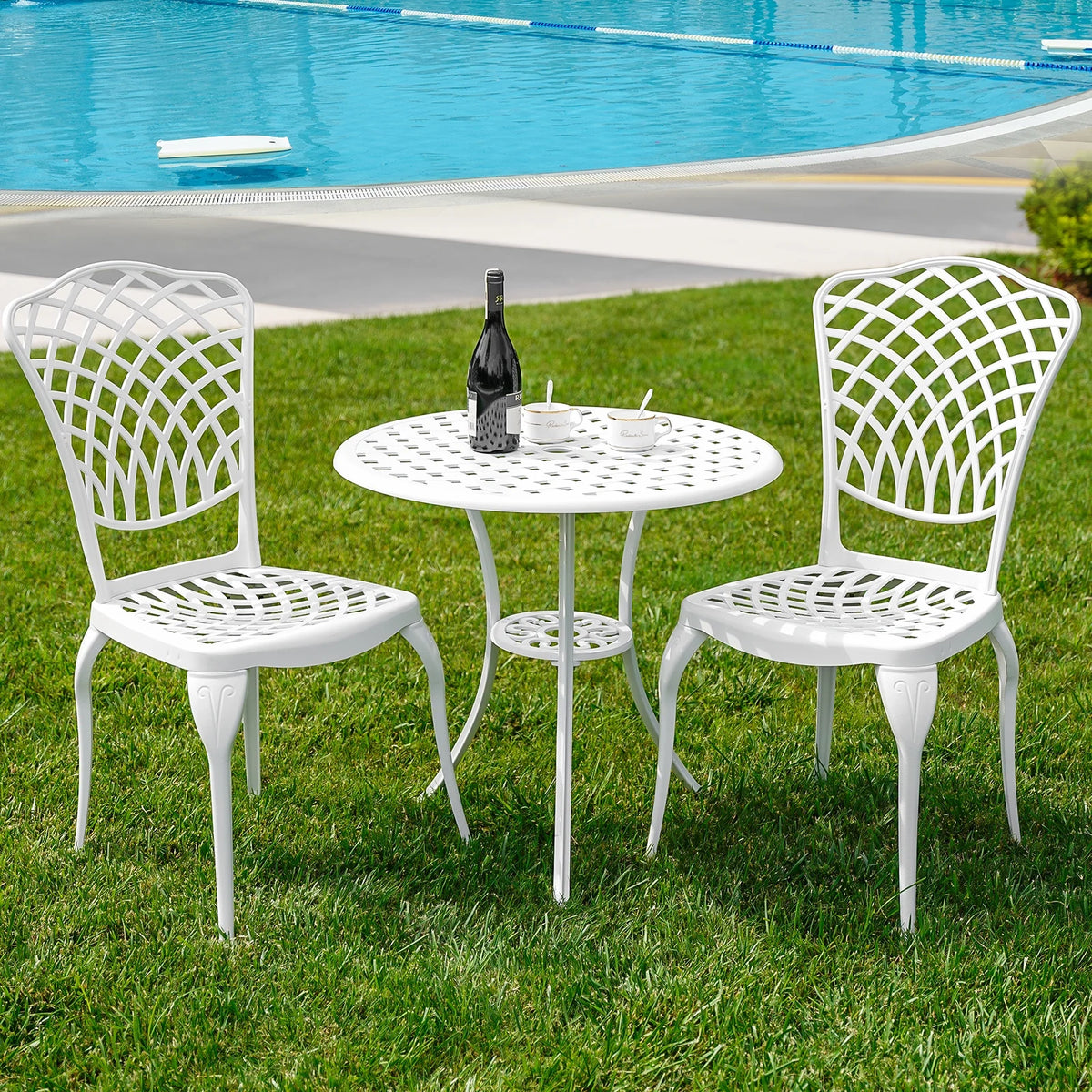 3 Piece White Patio Bistro Set with Umbrella Hole B505596