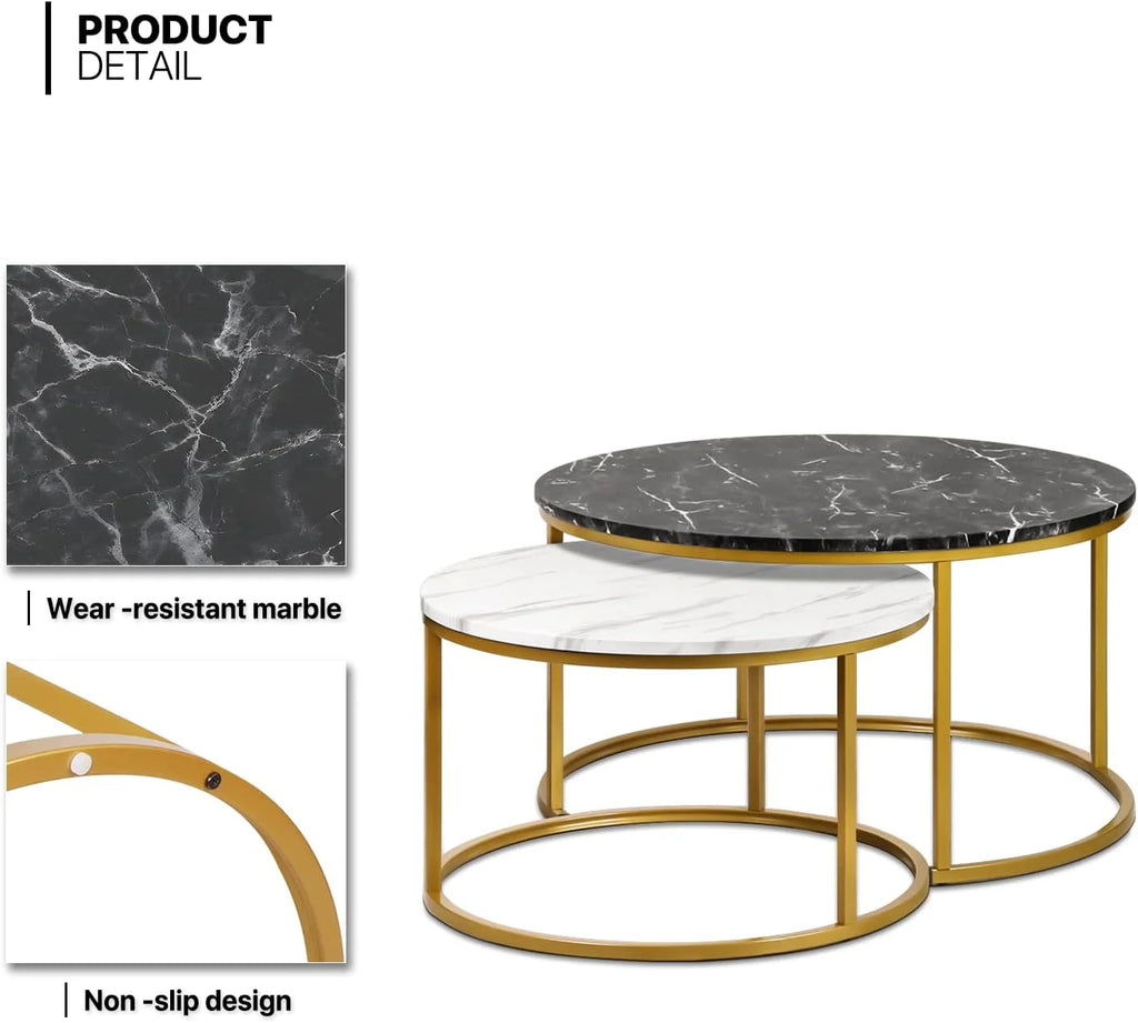 35" Coffee Table Set of 2 Nesting Round Side Tables Metal Frame I8292