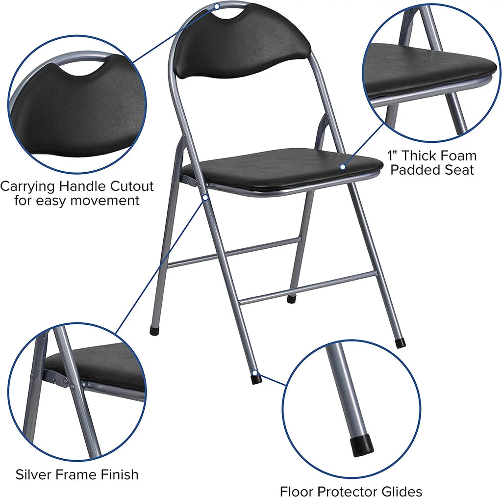 2 Pack Black Vinyl Metal Folding Chair with Carrying Handle C939405
