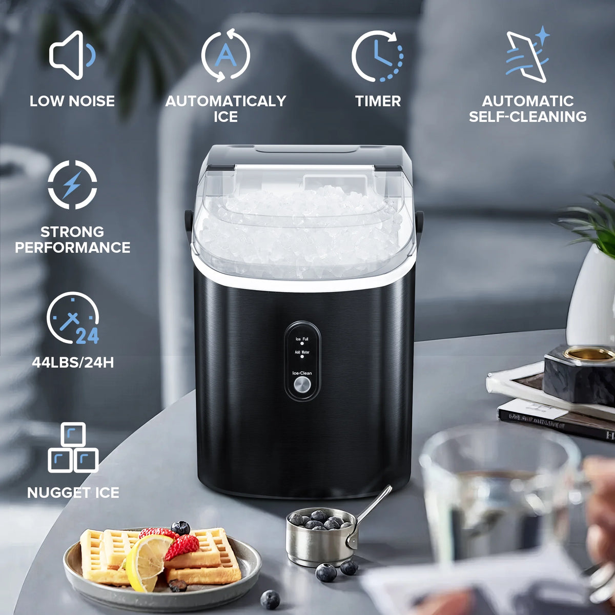 Nugget Ice Maker Countertop with Soft Chewable Pellet Ice, 33lbs/24H, Self-Cleaning, Stainless Steel, Black D358