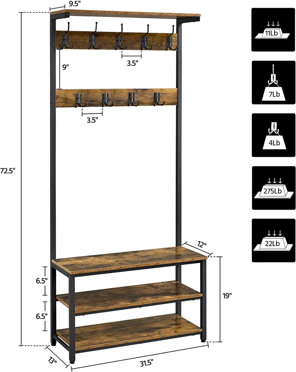 Hall Tree Coat Rack Shoe Bench with 23 Hooks X746