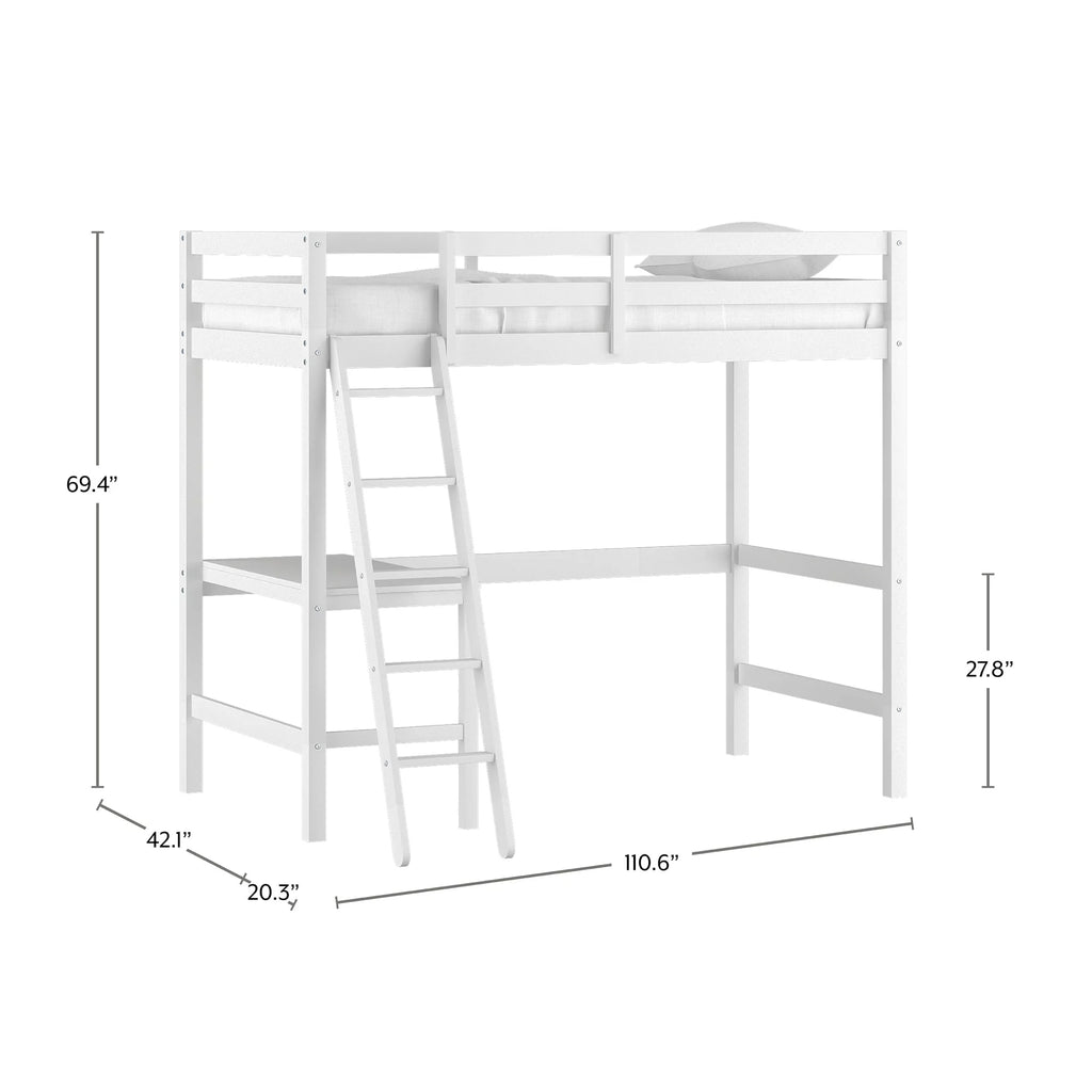 White Wood Twin Loft Bunk Bed with Desk J78771
