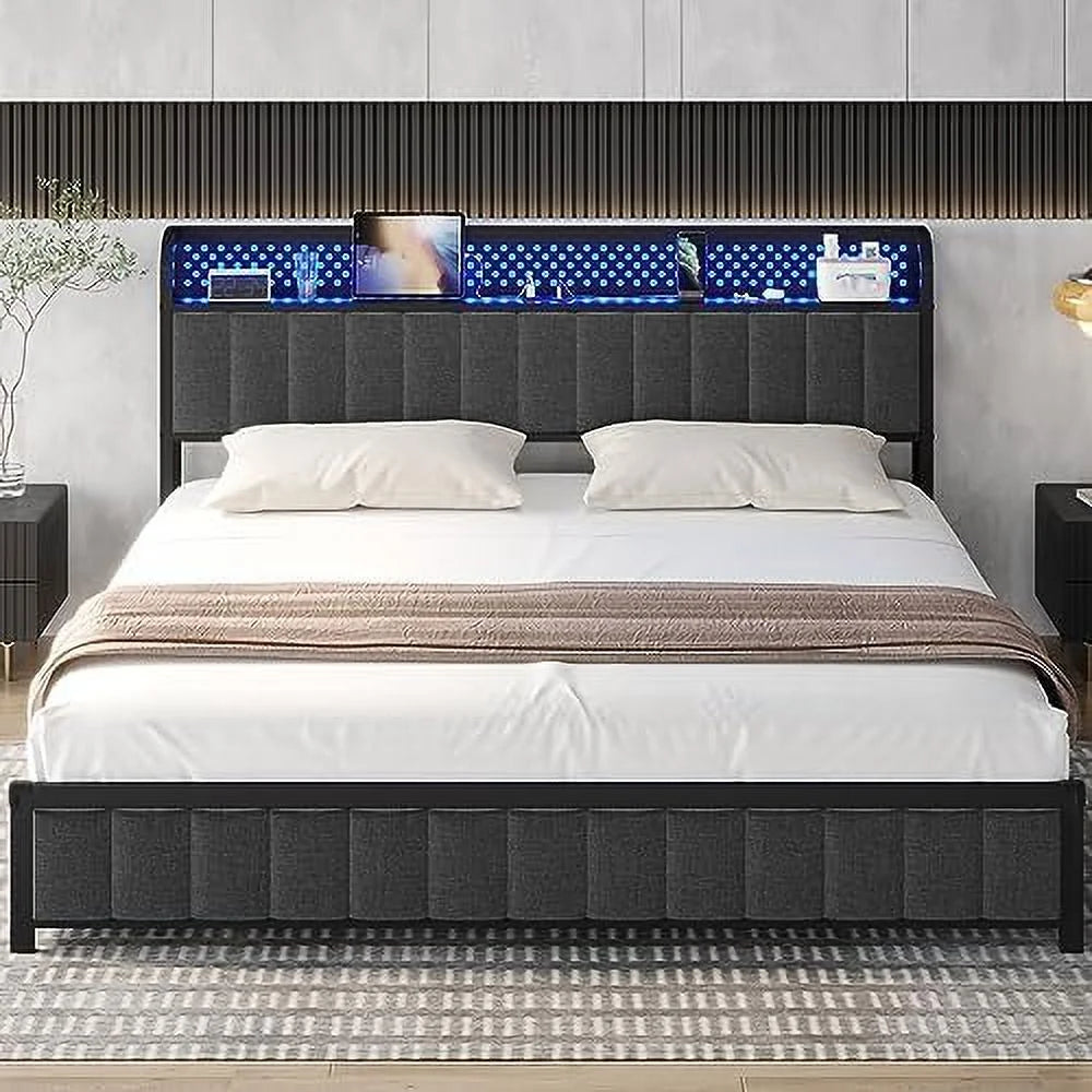 Queen LED Bed Frame with Headboard, Outlets & USB Ports, Dark Grey I5227