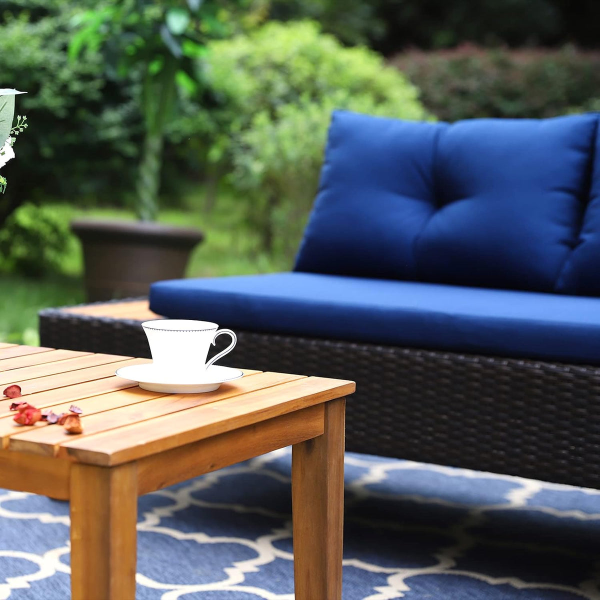 3 Pieces Patio Rattan Wicker and Acacia Wood Sectional Sofa Set Navy Blue P580