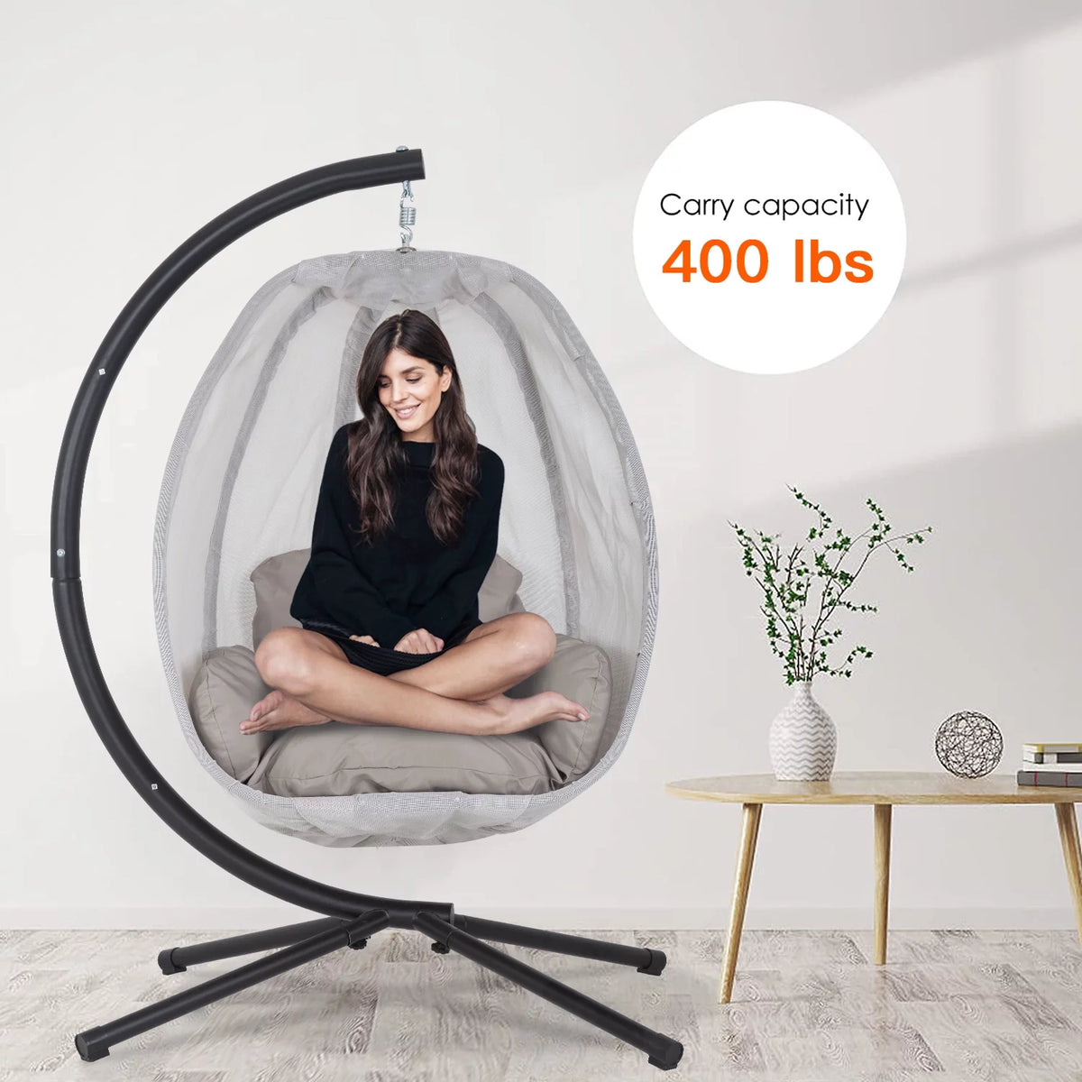 Egg Chair with Metal Stand and Cushion, 400LBS Capacity, Gray V62367