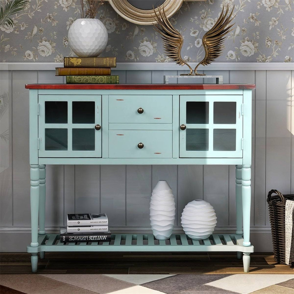 Antique Navy Console Table with Storage Cabinet and Bottom Shelf E2081