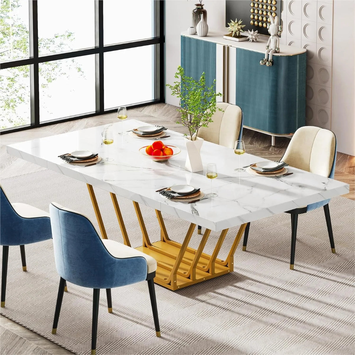 63" Rectangular Dining Table with Faux Marble Top U8257