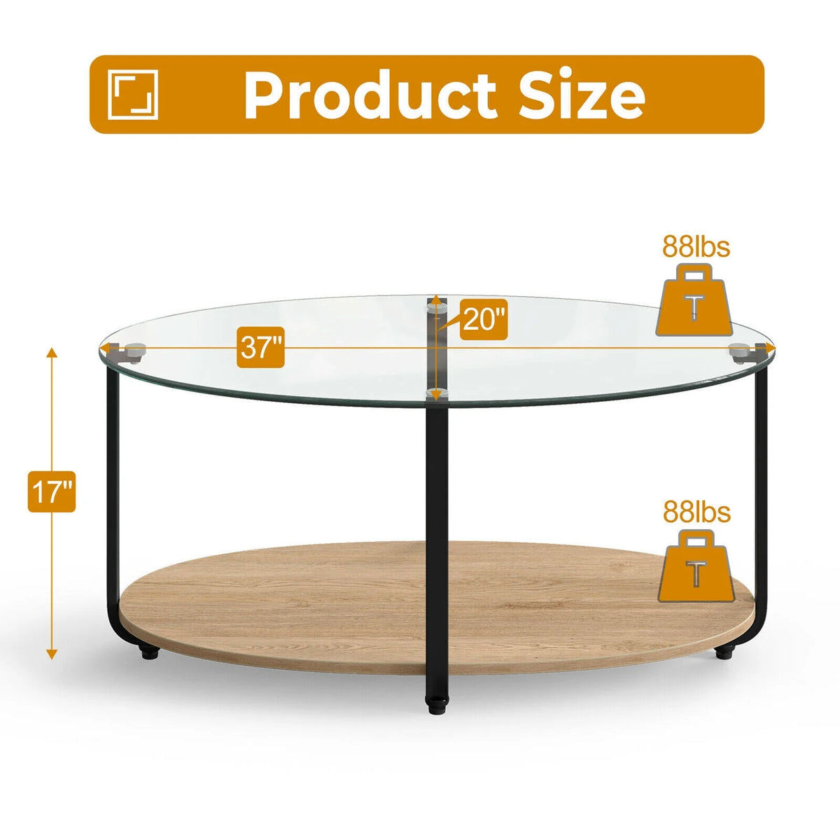 2-Tier Oval Glass-Top Coffee Table with Storage Shelf X697