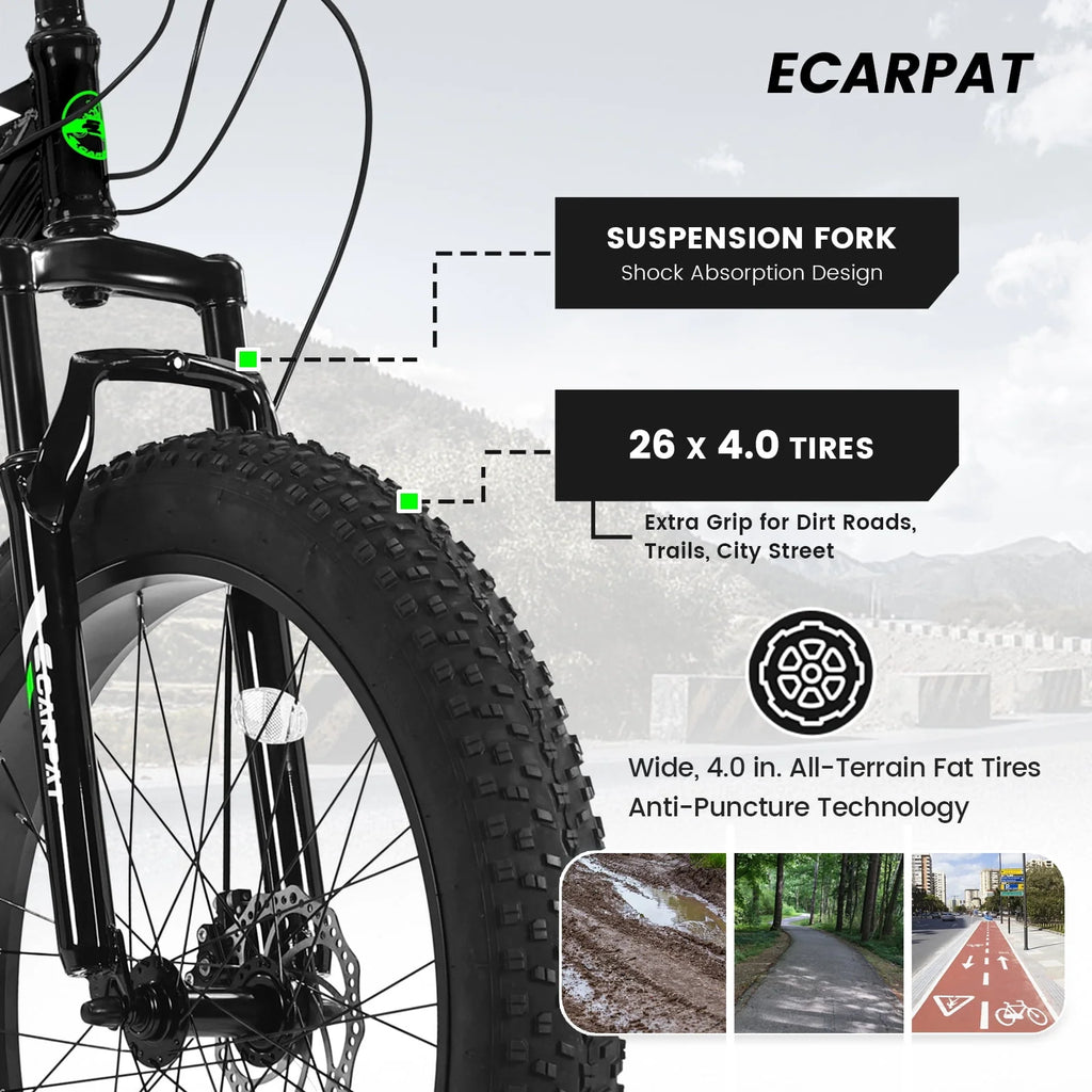 26 inch Fat Tire Mountain Bike with Disc Brakes 21 Speed Black Y797454