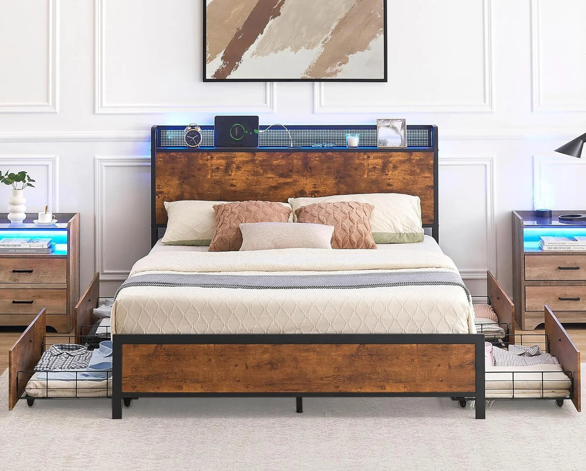Queen Bed Frame with Storage Drawers and Charging Station Z439