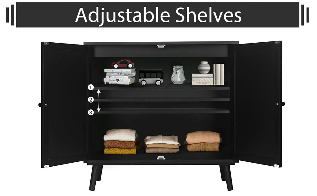 Black Free Standing Storage Cabinet with Rattan Doors I5073