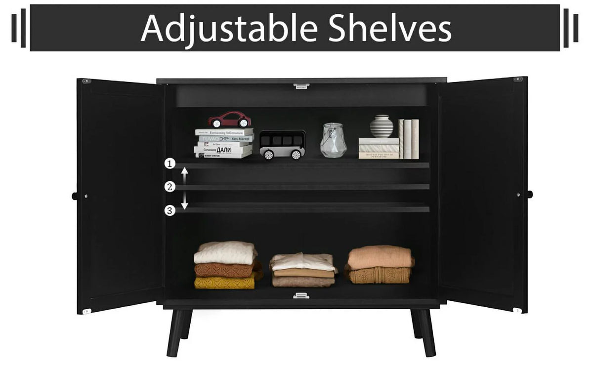 Black Free Standing Storage Cabinet with Rattan Doors I5073