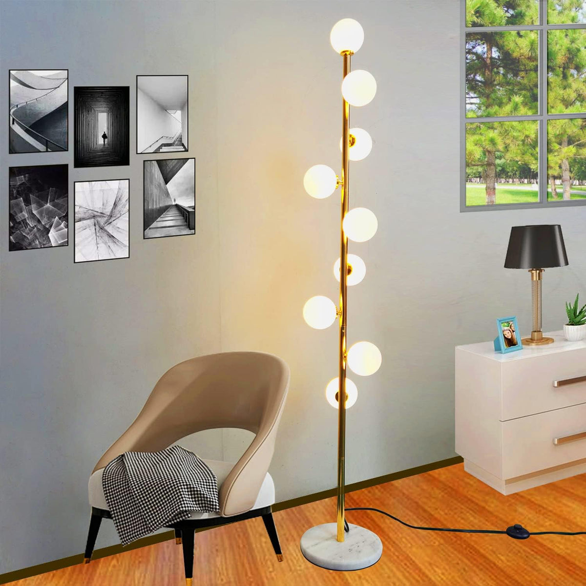 Modern Simplicity Floor Lamp with White Glass Ball Lampshade and Golden Metal Lamp Body G650111