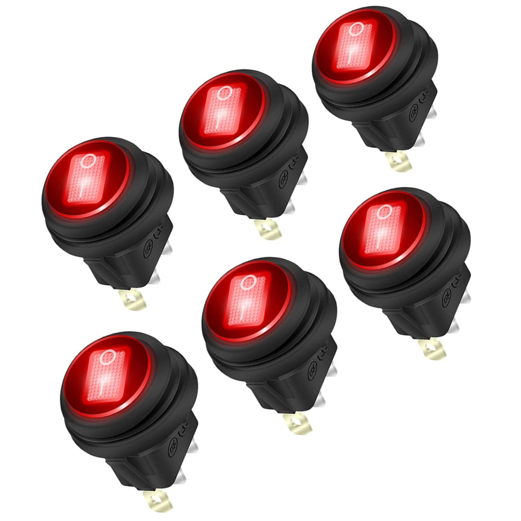 6Pcs LED Rocker Switch 12V 20A 3pin 2 Position Spst Waterproof Toggle Switch with 20mm/0.8Mounting Hole，On Off Switch for Marine Cars Ships Trucks(Red) N583