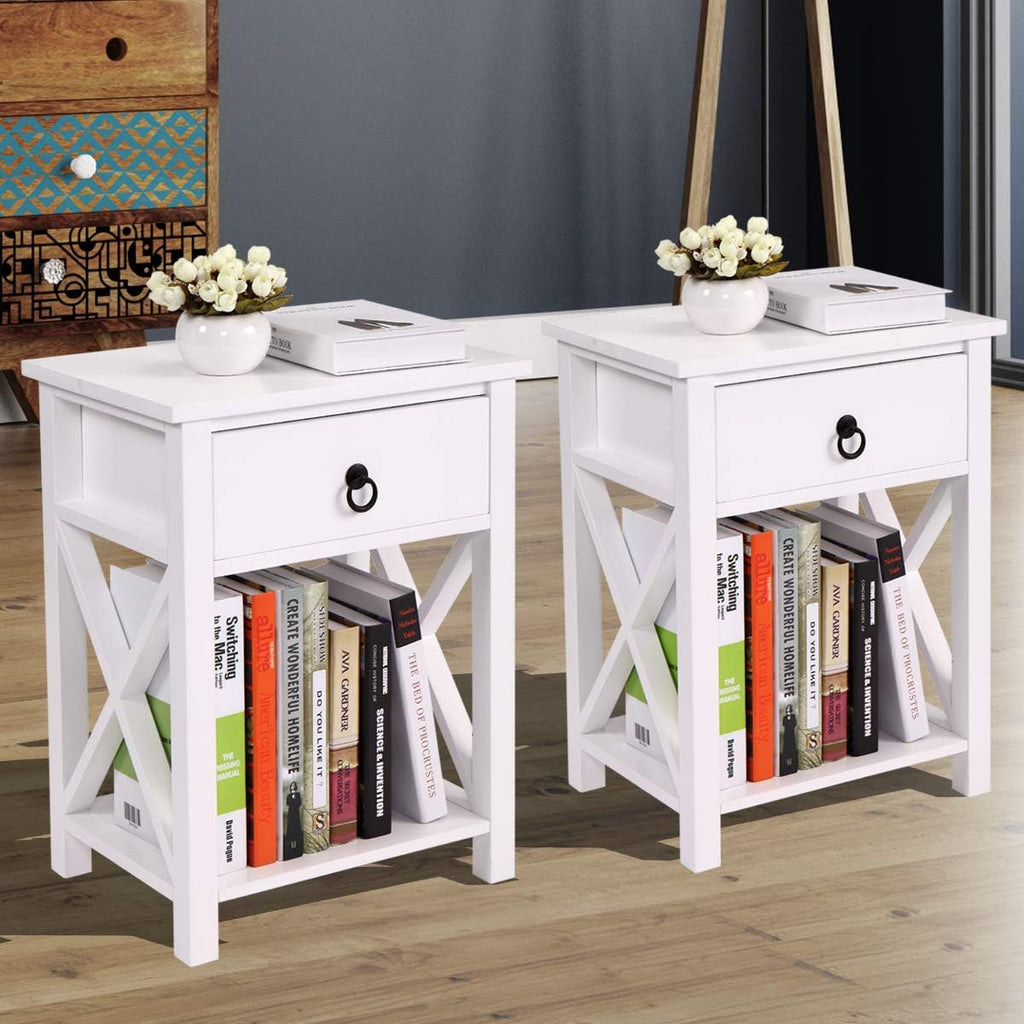 White Set of 2 Wooden Nightstand with Drawer & Shelf Z8267
