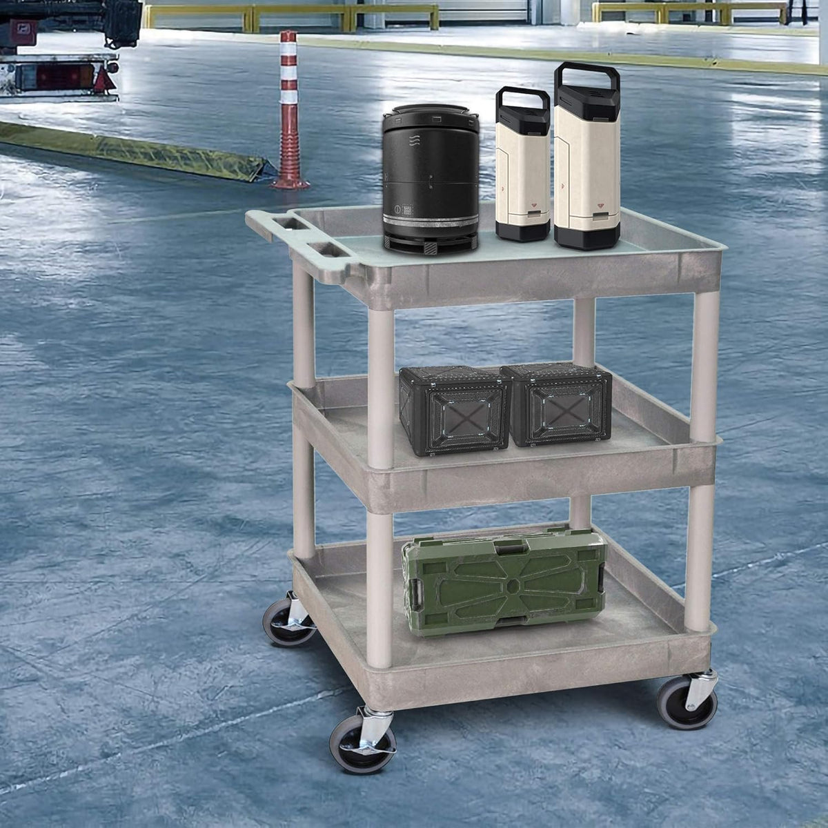 Mobile Utility Tub Cart with 3 Shelves and Push Handle Gray D393