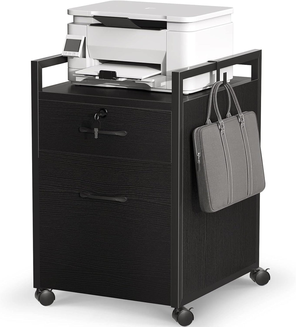 Black 2 Drawer Mobile File Cabinet with Lock on Wheels K192570