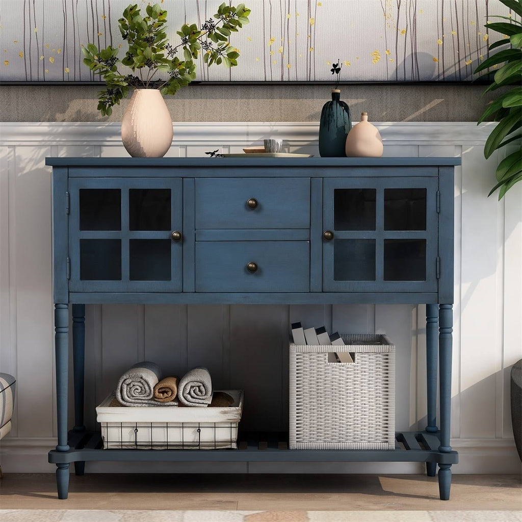 Antique Navy Console Table with Storage Cabinet and Bottom Shelf E2081