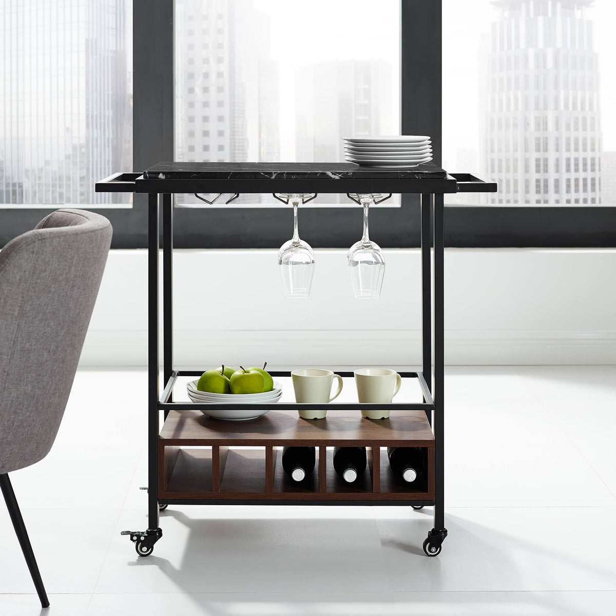 34 inch Black Marble Serving Bar Cart S914