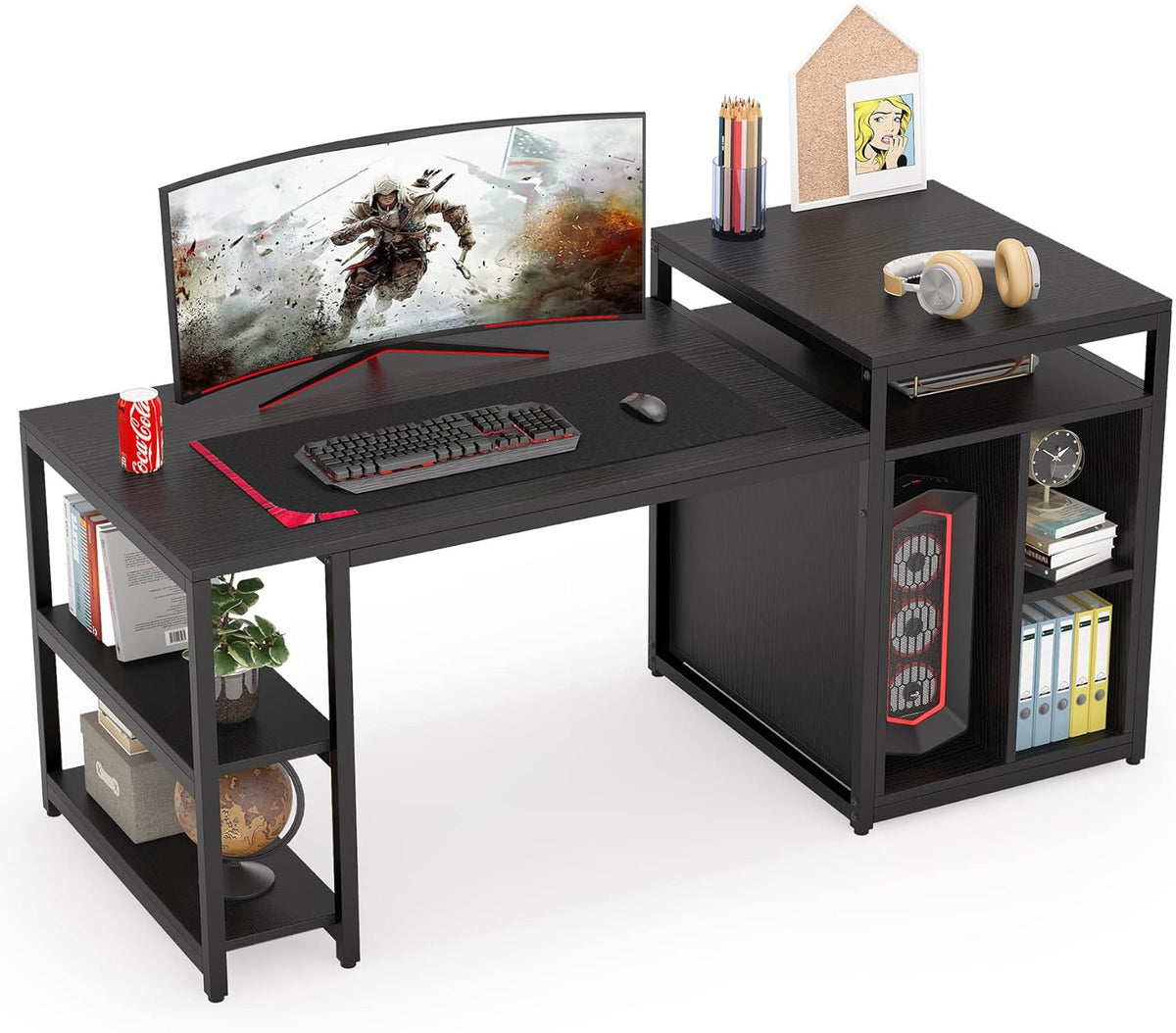 Extra Large Computer Desk with Storage Shelf and Cabinet, Dark Walnut W5519