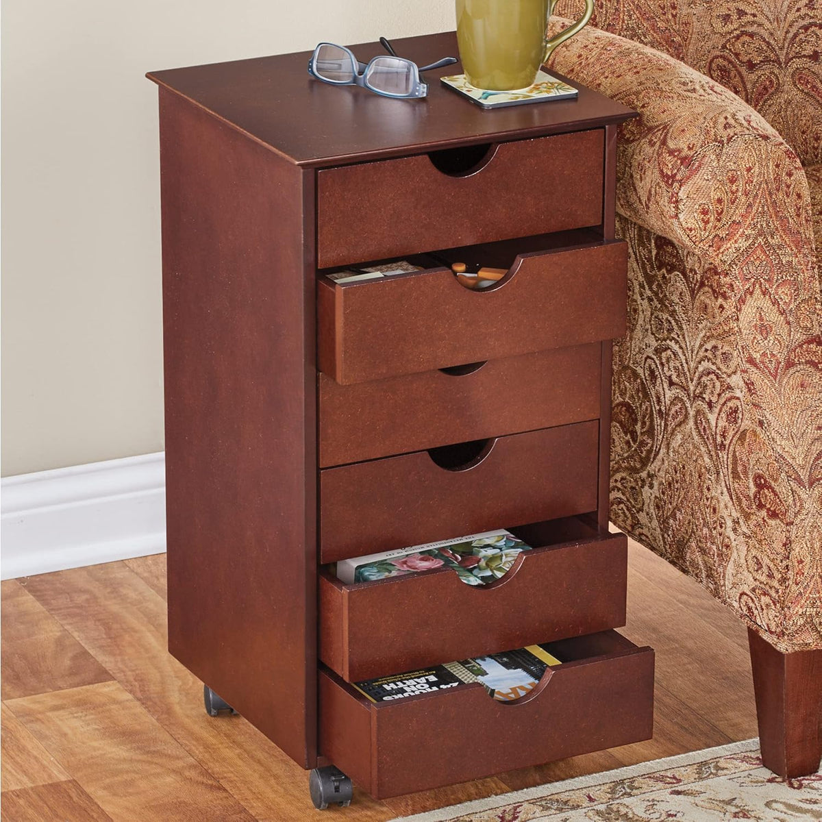 Dark Brown 6 Drawer Wooden End Table Cabinet with Wheels E783