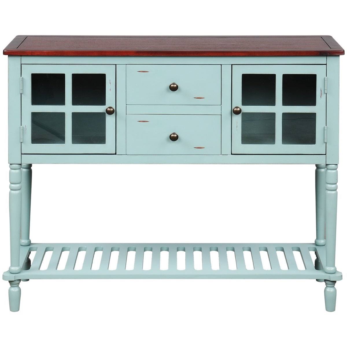 Antique Navy Console Table with Storage Cabinet and Bottom Shelf E2081
