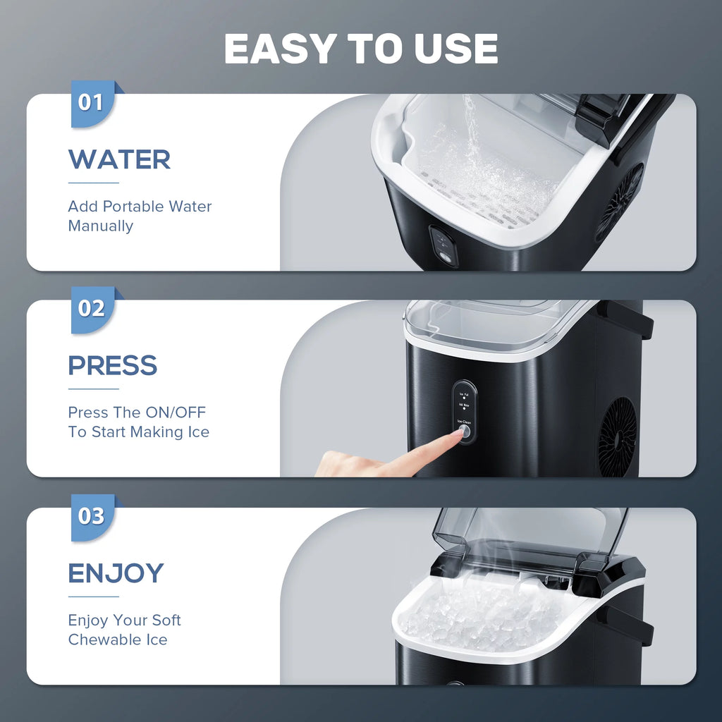 Nugget Ice Maker Countertop with Soft Chewable Pellet Ice, 33lbs/24H, Self-Cleaning, Stainless Steel, Black D358