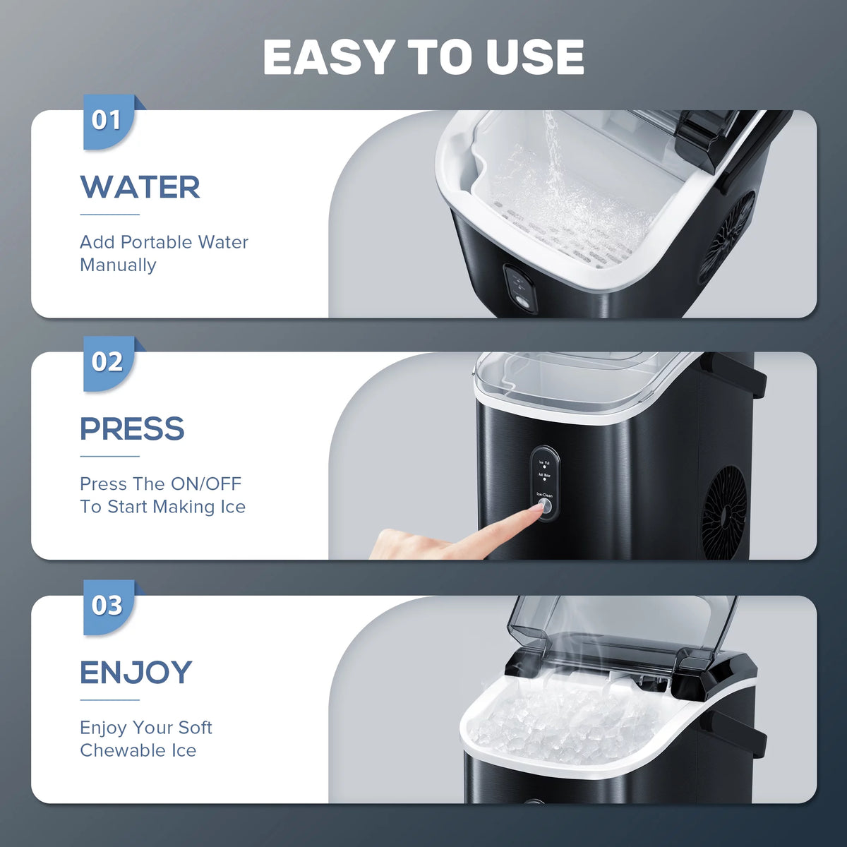 Nugget Ice Maker Countertop with Soft Chewable Pellet Ice, 33lbs/24H, Self-Cleaning, Stainless Steel, Black D358