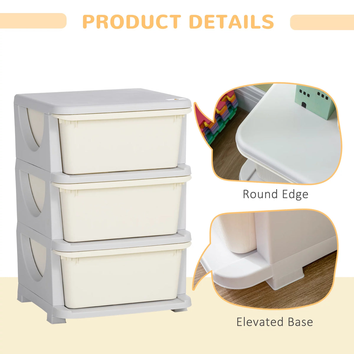 3 Tier Kids Storage Unit Dresser Tower Cream White J28352