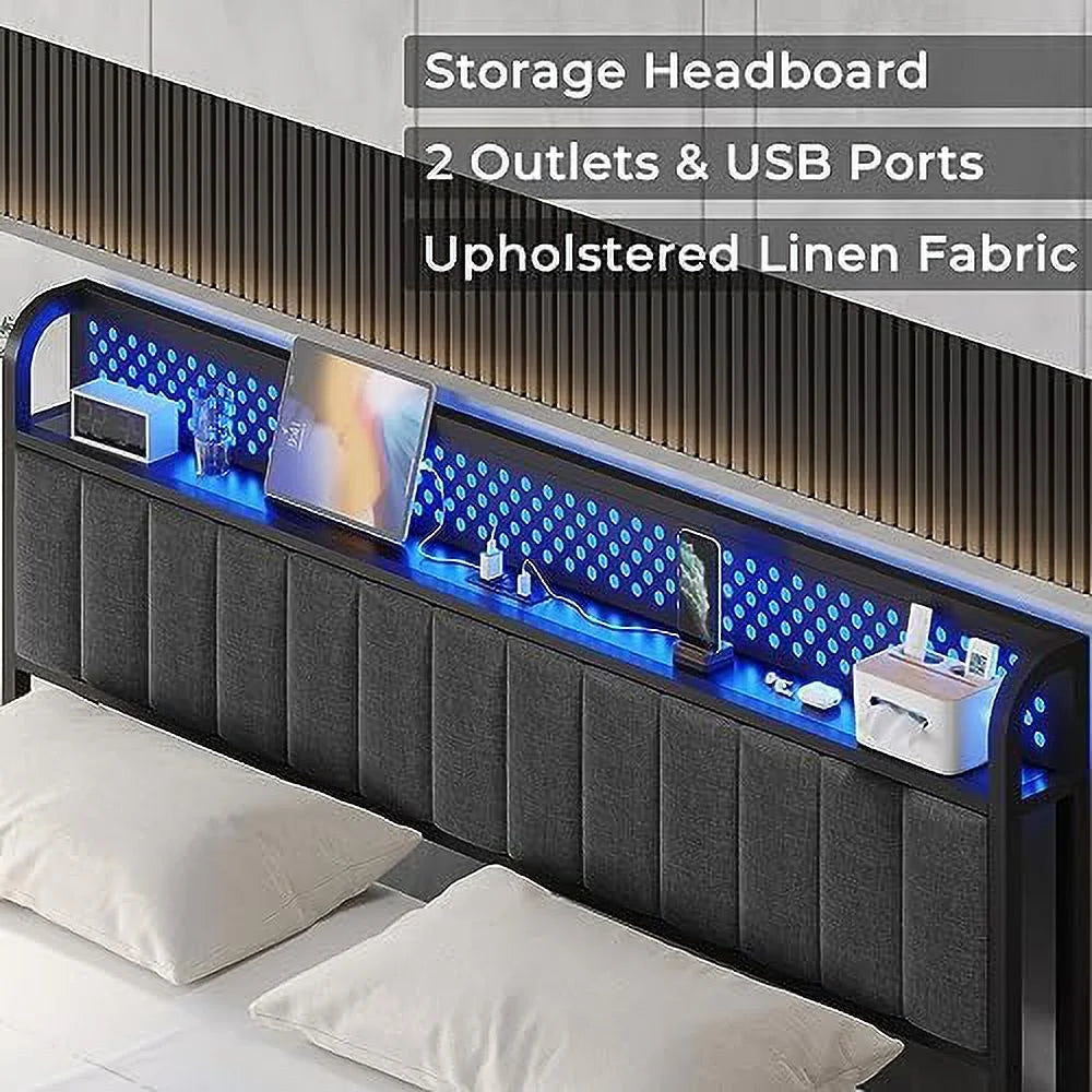 Queen LED Bed Frame with Headboard, Outlets & USB Ports, Dark Grey I5227