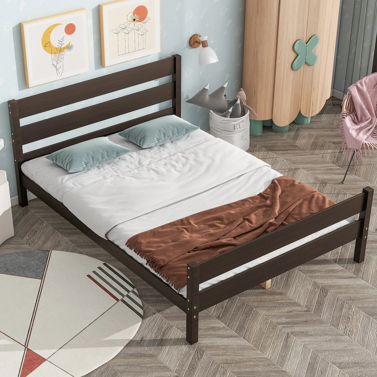 White Twin Size Solid Wood Platform Bed Frame with Headboard and Footboard N582