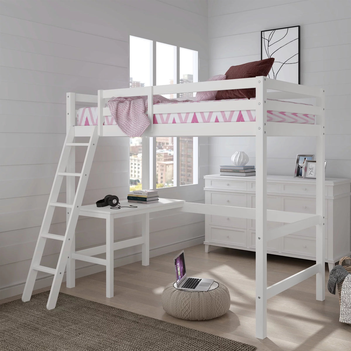 White Wood Twin Loft Bunk Bed with Desk J78771