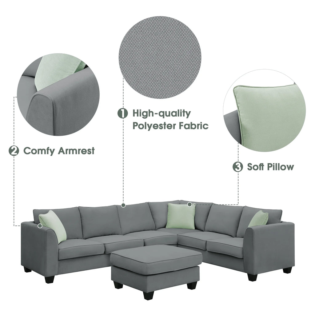 7 Seats L Shape Fabric Sectional Sofa with Ottoman I923